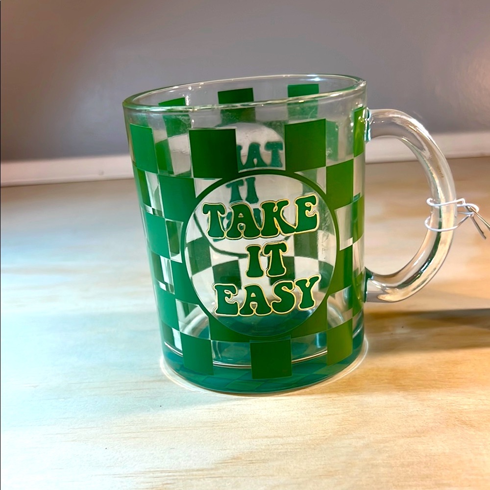 Green Checkered Glass Mug “ Take it Easy”